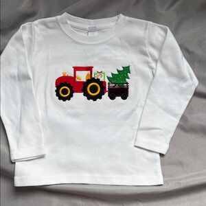 White Long Sleeve Christmas Shirt with Tractor embroidered Design